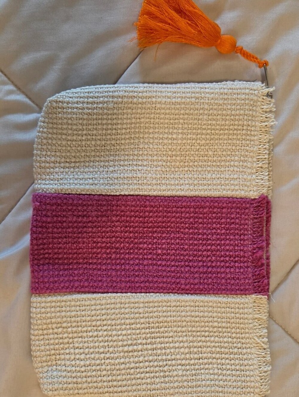 Mixit Jute and Cotton Zippered Clutch with Orange Tassel